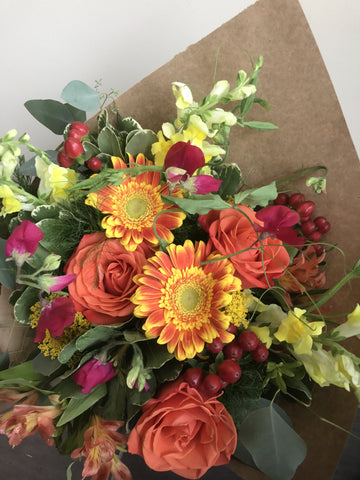 Hand-tied Bouquet Vibrant- Orange,yellow,red, hot pinks